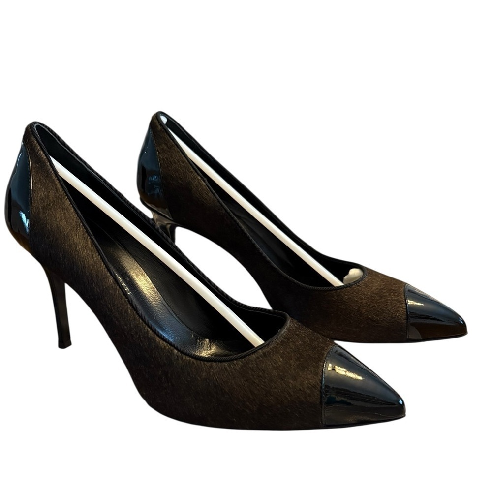 Giuseppe Zanotti Black Patent Leather with Brown Calf Hair Heels